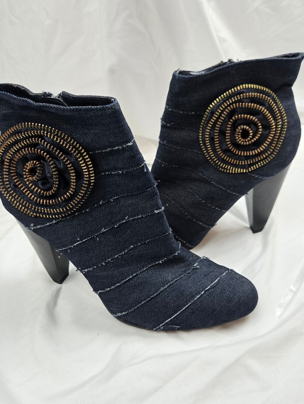 Fahrenheit Denim Ankle Booties Zipper Rose Detail, Women's High Heel Blue 7.5